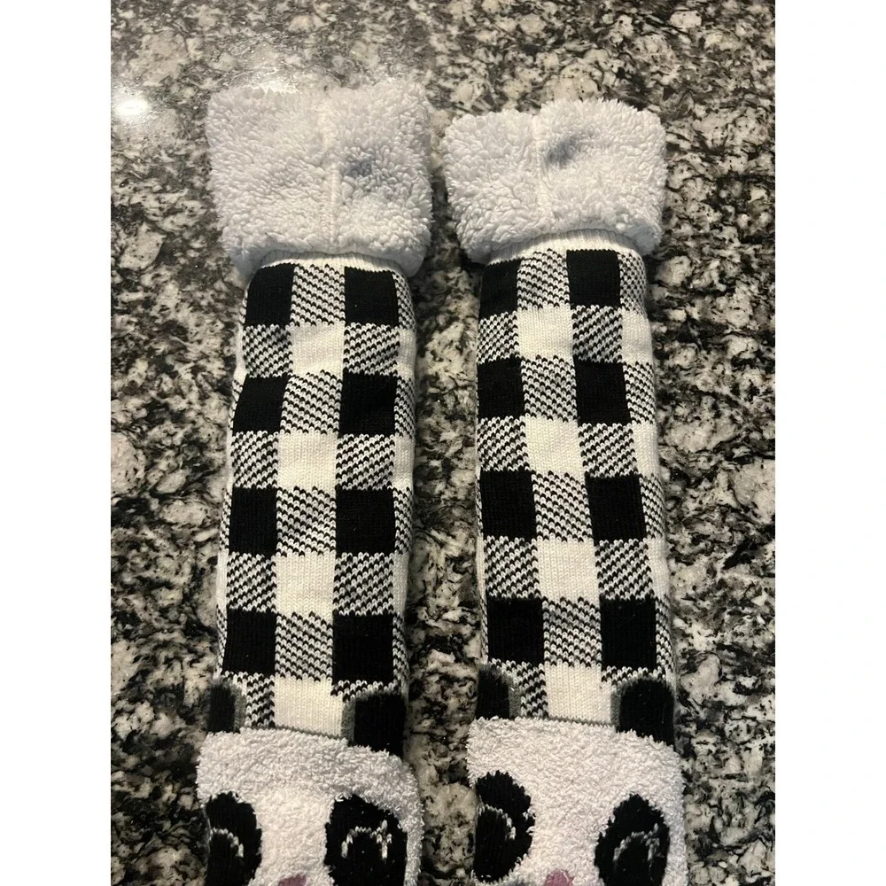 Panda Bear Buffalo Plaid Sherpa Lined Non-Slip Slipper Socks Black White